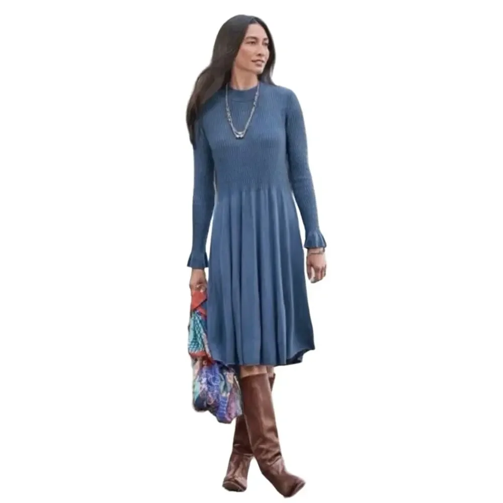 SUNDANCE Nature's Hue High Neck Ruffle Sleeve Midi Dress Blue Medium - Picture 1 of 14
